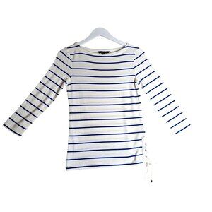 Lauren Ralph Lauren Womens White & Blue Striped 3/4 Sleeve Top With Side Lace-Up
